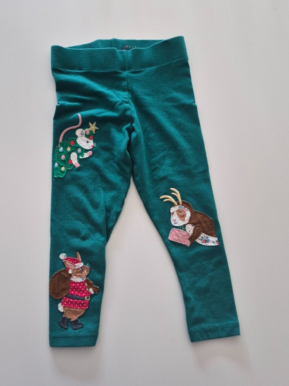 Mini Boden Kids 3-4 Leggings Green Christmas Animal Applique Cotton Stretch